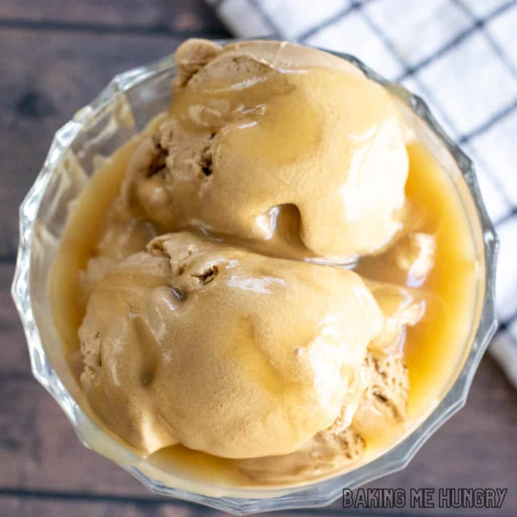 2 ingredient caramel sauce served on top of coffee ice cream