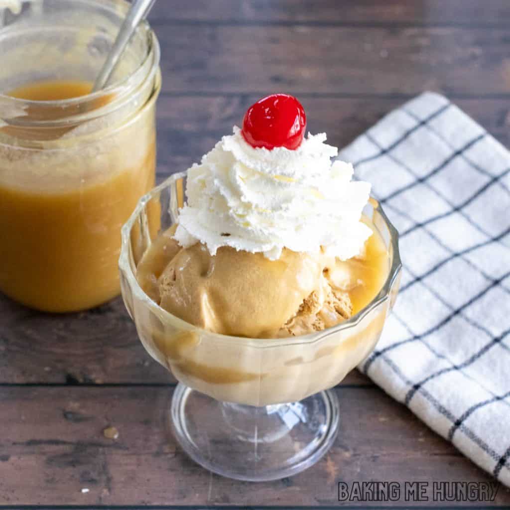 2 ingredient caramel sauce served on top of coffee ice cream with jar behind