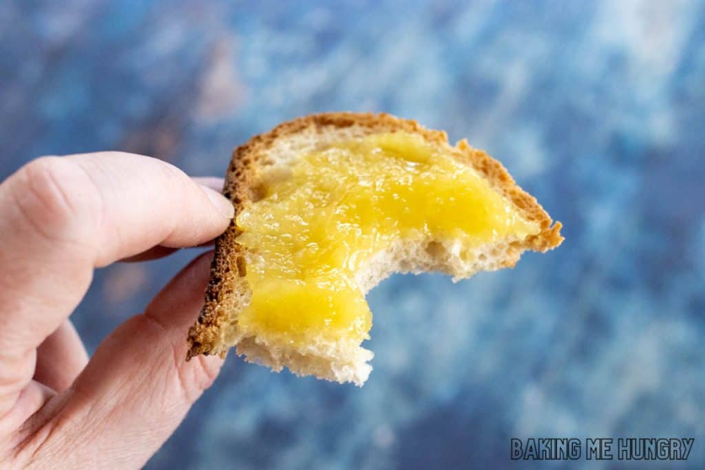 piece of toast with pineapple jam missing a bite