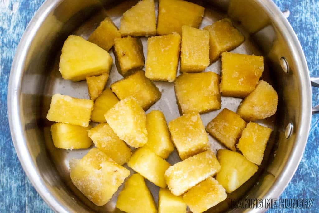 frozen pineapple in saucepan
