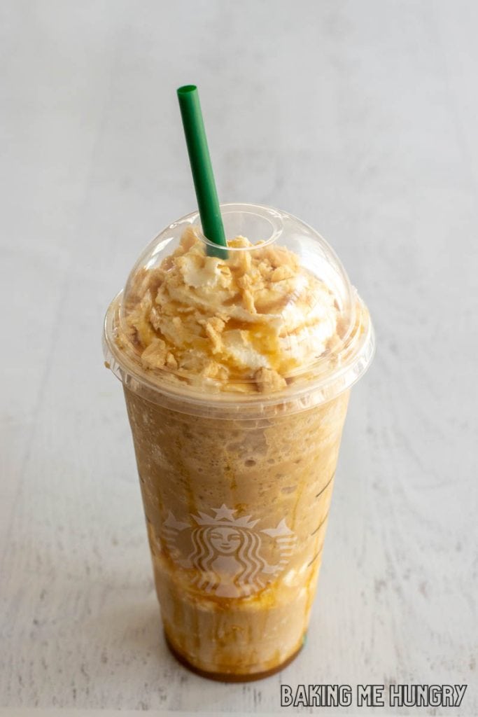 starbucks caramel ribbon crunch recipe copycat in large cup with green straw