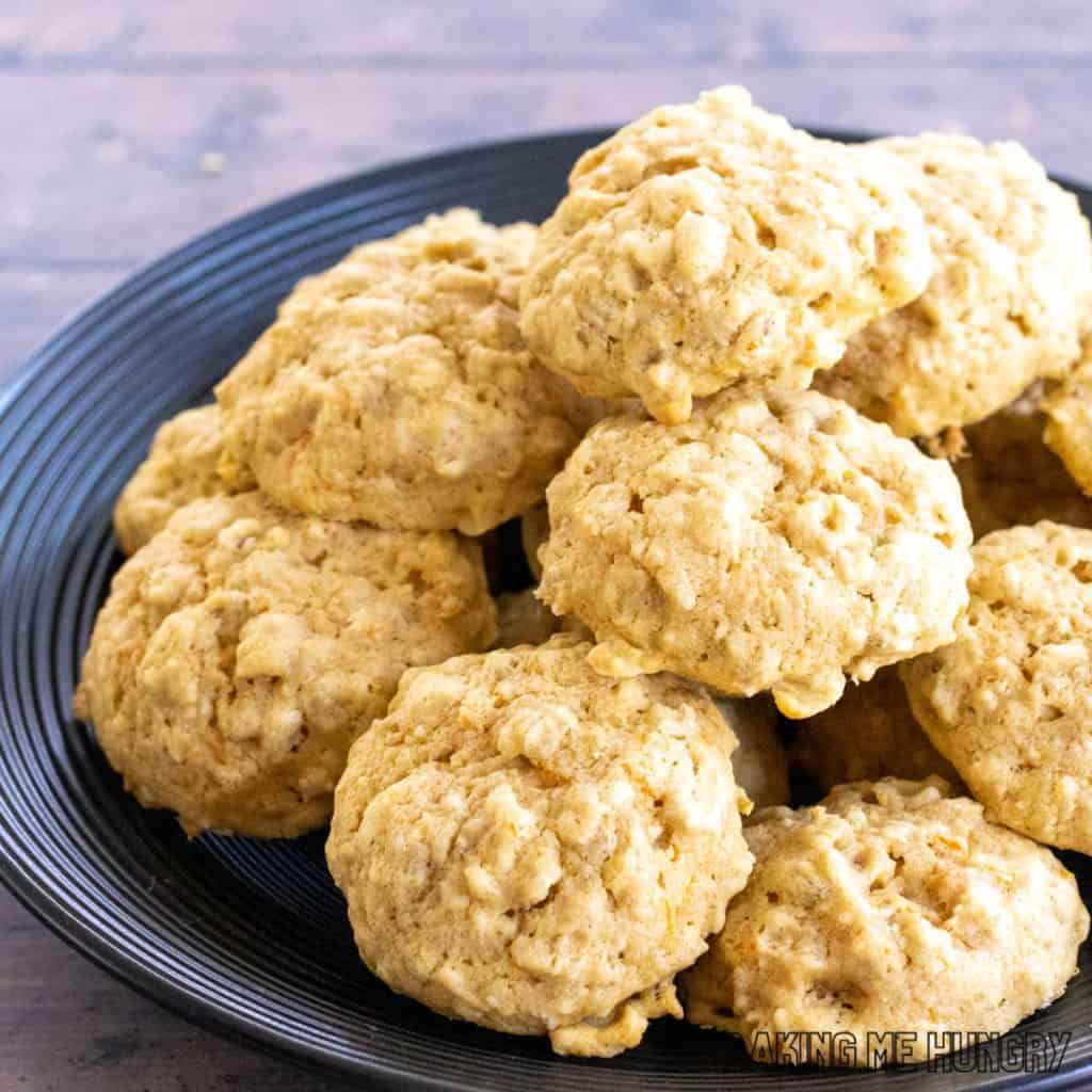 sweet potato oatmeal cookies piled on a serving plate