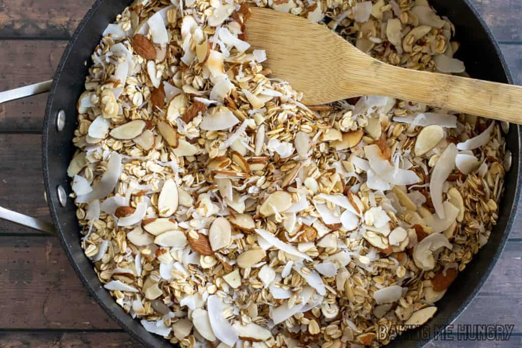 toasted oats, nuts, and coconut in skillet