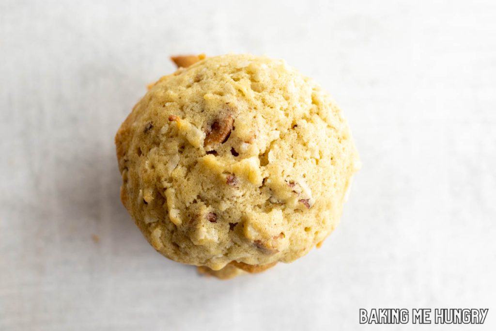 overhead shot of a stack of coconut pecan cookies