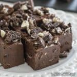 3 ingredient oreo fudge cut into squares on white plate