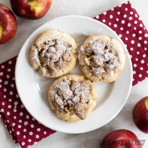 apple crumble cookies on a plate from overhead close up