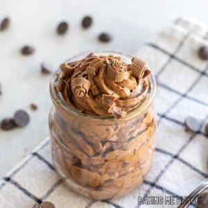 3 ingredient chocolate mousse in a small jar topped with chocolate shavings