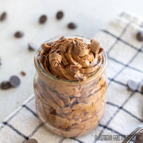 3 ingredient chocolate mousse in a small jar topped with chocolate shavings