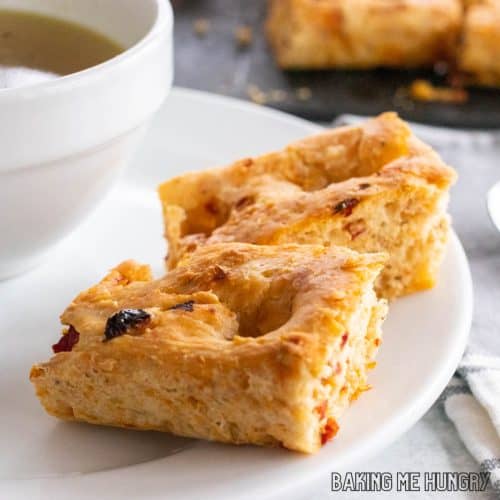 sun dried tomato focaccia on plate