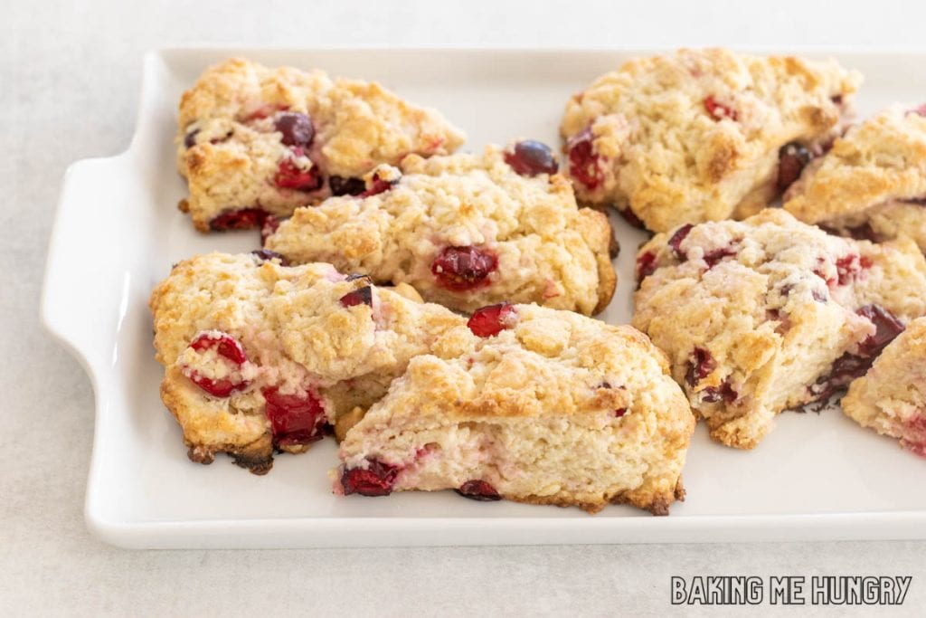 serving plate with white chocolate cranberry scones