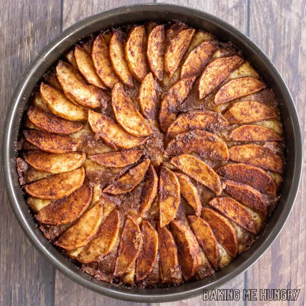 apple tea cake recipe shown in baking pan