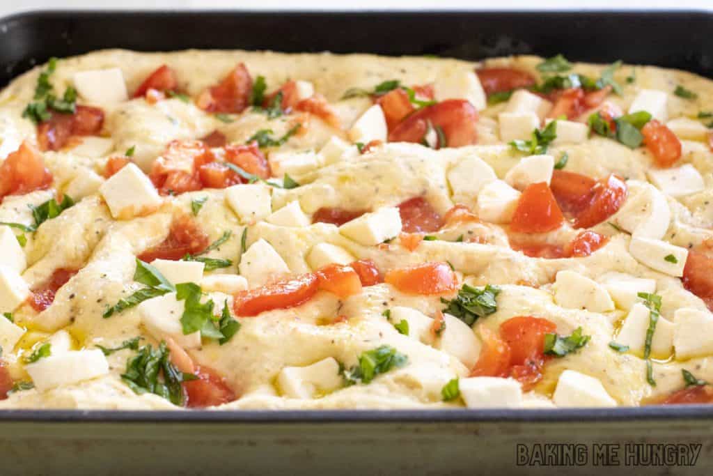 fresh mozzarella cubes, chunks of tomato, and basil on top of dough