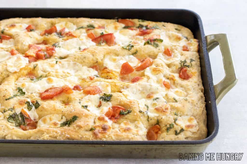 caprese focaccia in cast iron pan