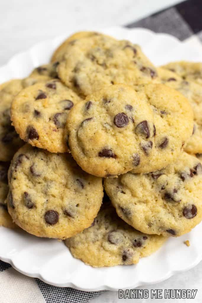 chocolate chip mini cookies piled on a plate