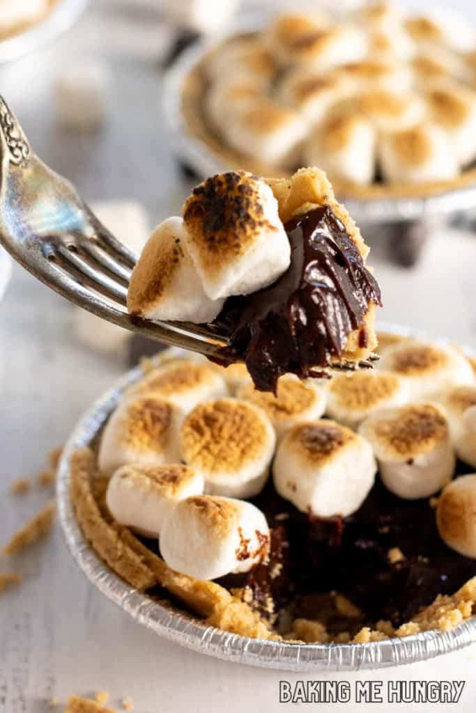 mini smores pies bite on a fork close up