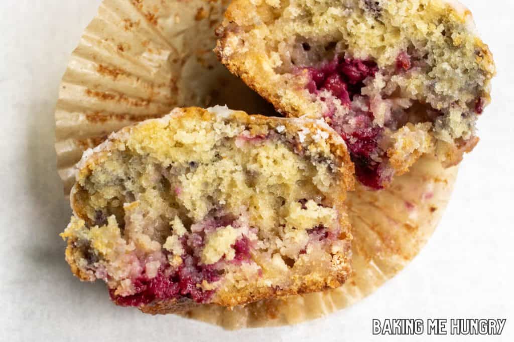 halved muffin on paper liner