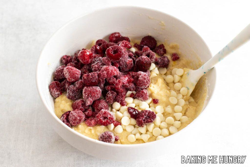 berries and chips added to bowl