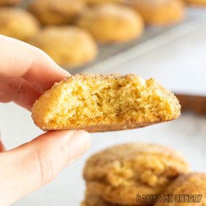 browned butter snickerdoodle cookie missing a bite being held up by a hand