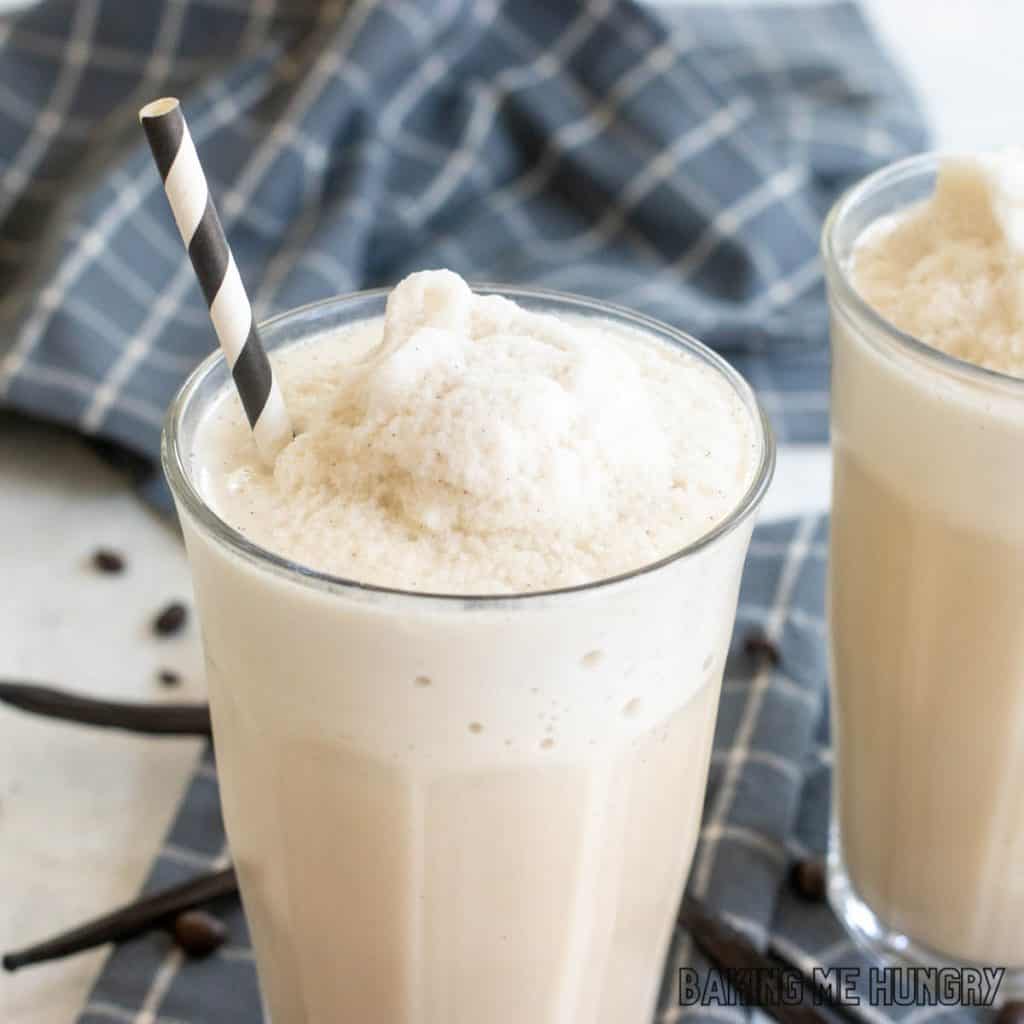 vanilla coffee frappuccino recipe in two glasses close up
