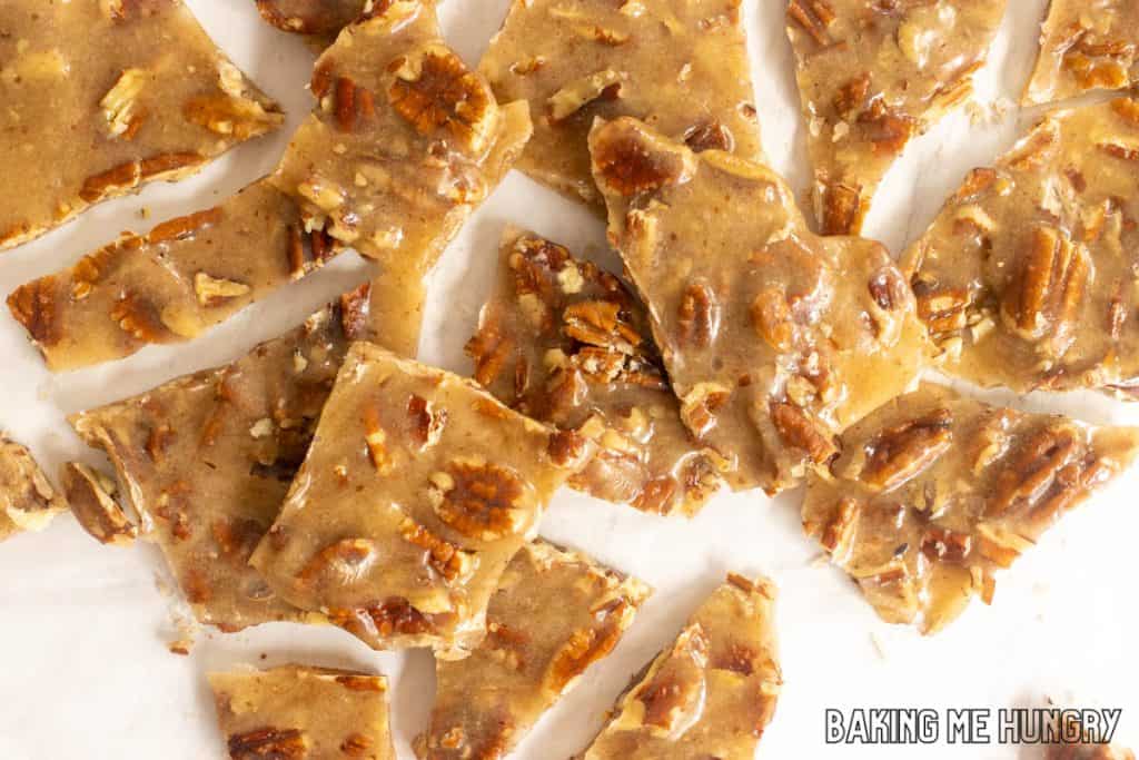 pecan brittle broken into pieces after setting
