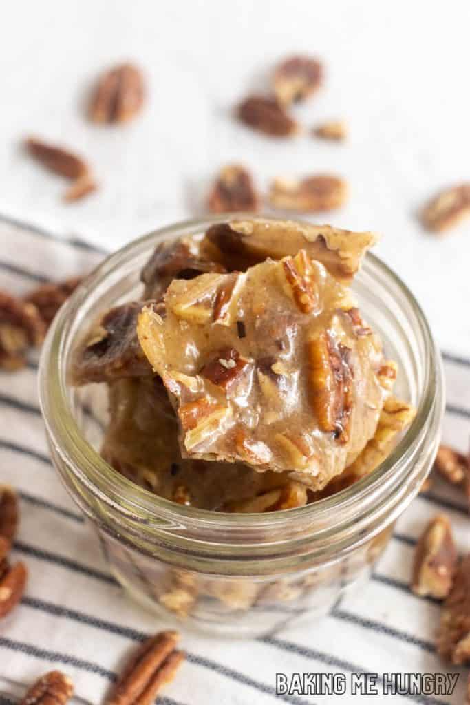 pecan brittle in glass jar