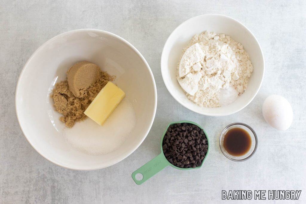 ingredients for brownie layer in bowls