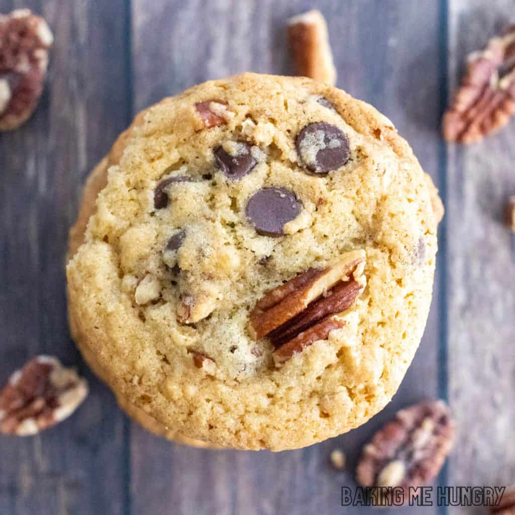 chocolate chip pecan cookies recipe stacked up and shown top down