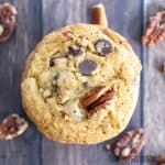 chocolate chip pecan cookies recipe stacked up and shown top down