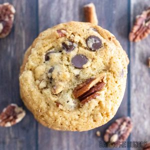 chocolate chip pecan cookies recipe stacked up and shown top down
