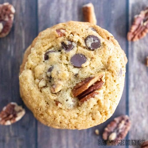 chocolate chip pecan cookies recipe stacked up and shown top down