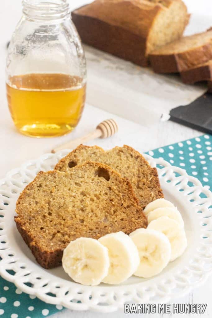 honey banana bread recipe slices on plate
