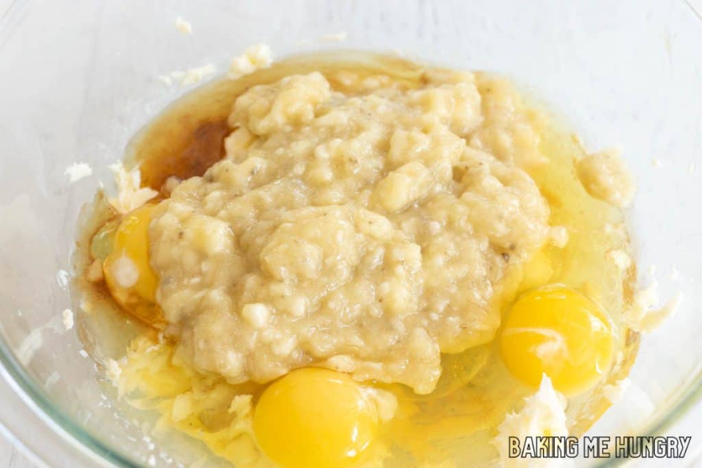mashed banana added to bowl