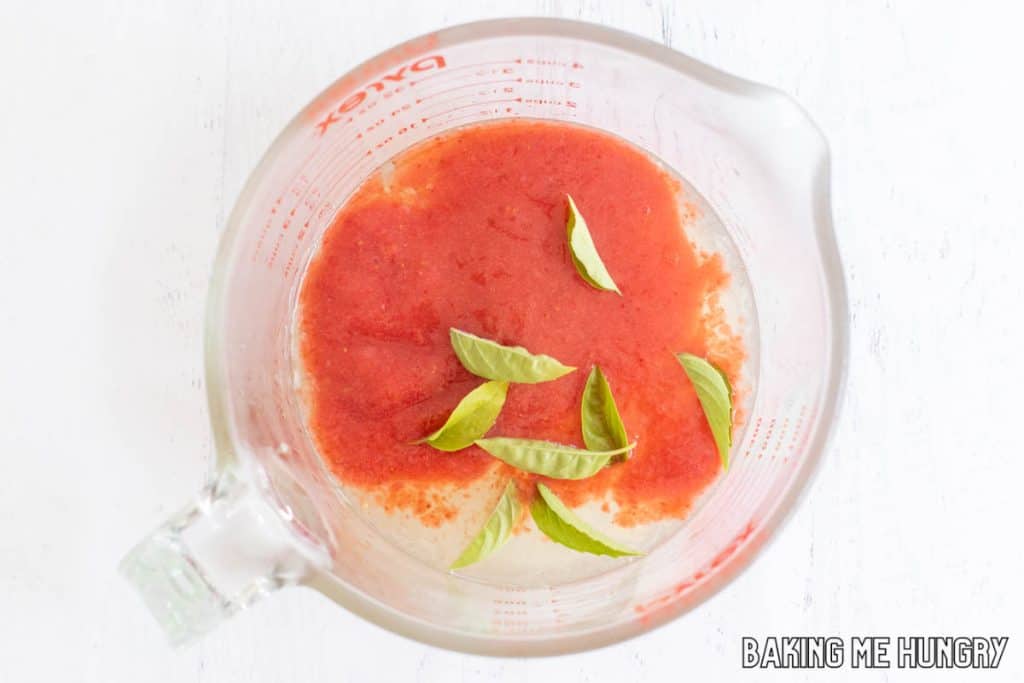 overhead shot of the combined ingredients in glass measuring cup