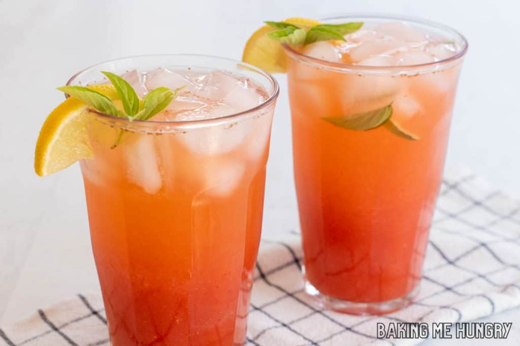 strawberry basil lemonade recipe in two glasses