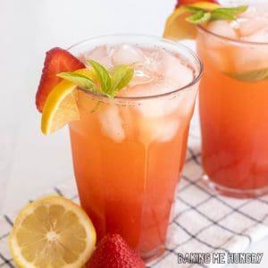strawberry basil lemonade recipe close up in two glasses with garnish