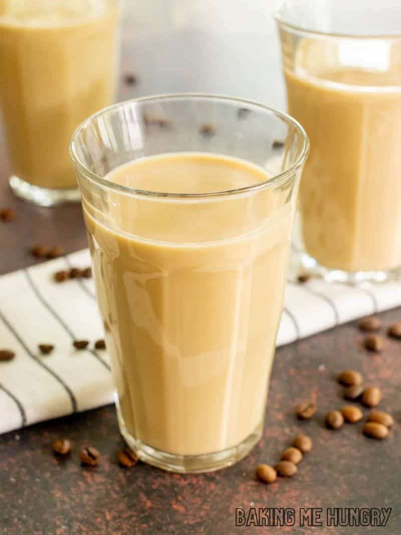 sweet iced coffee recipe in three tall glasses 