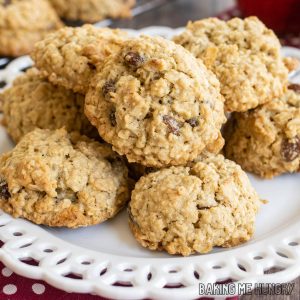apple oatmeal raisin cookies close up on a white decorative plate