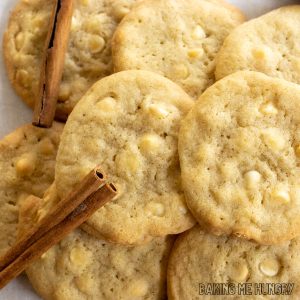 cinnamon white chocolate cookies close up in a pile