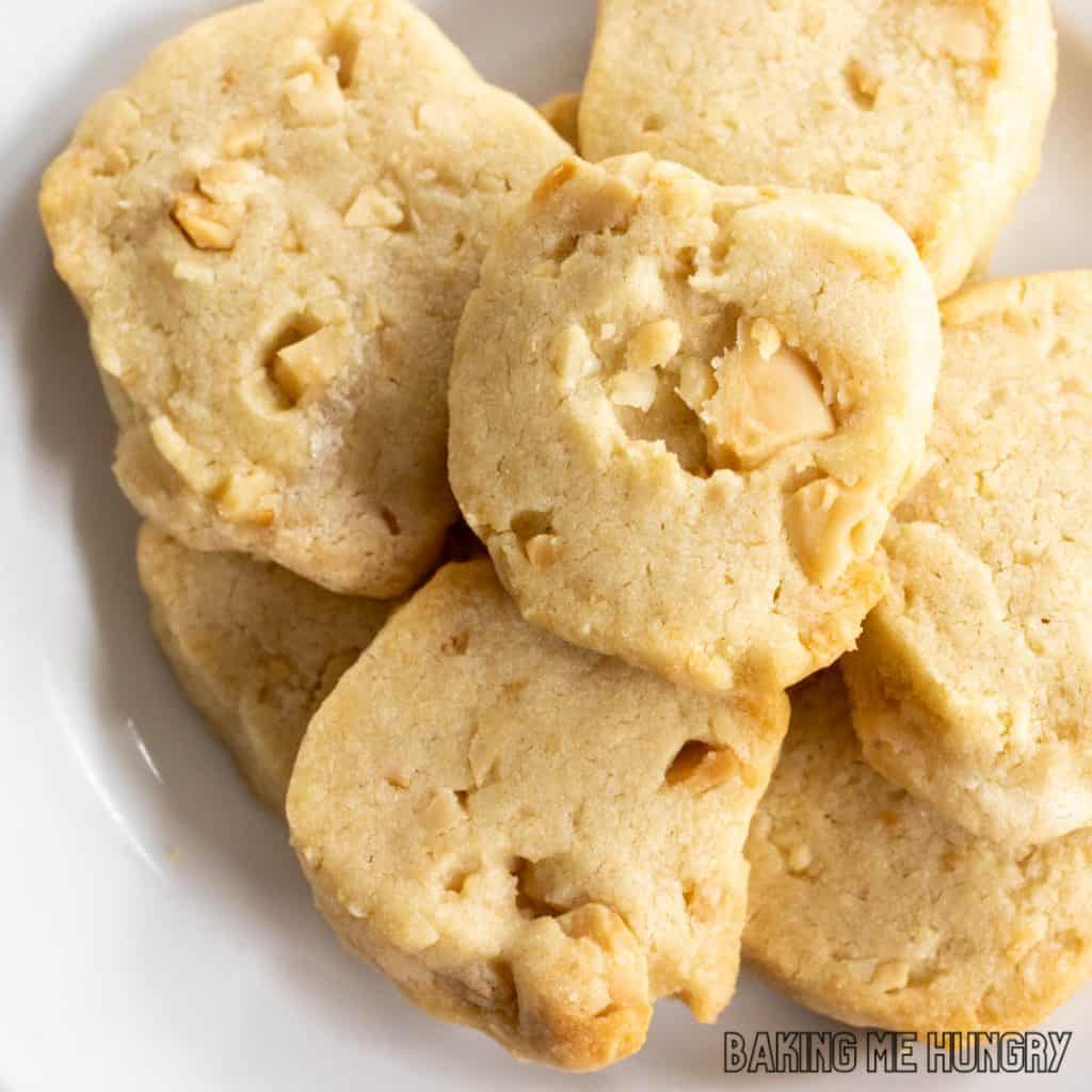 macadamia shortbread cookies on a white plate