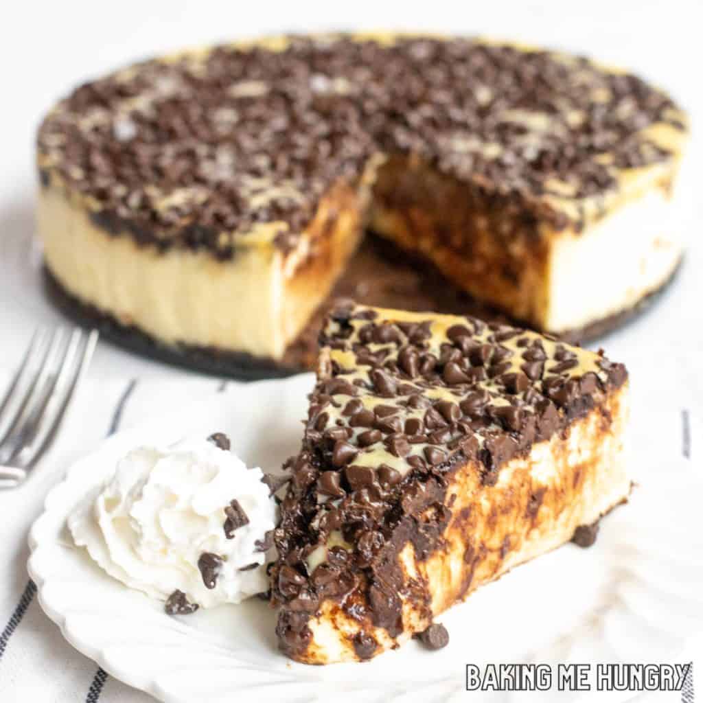 slice of chocolate chip cheesecake recipe served on small plate