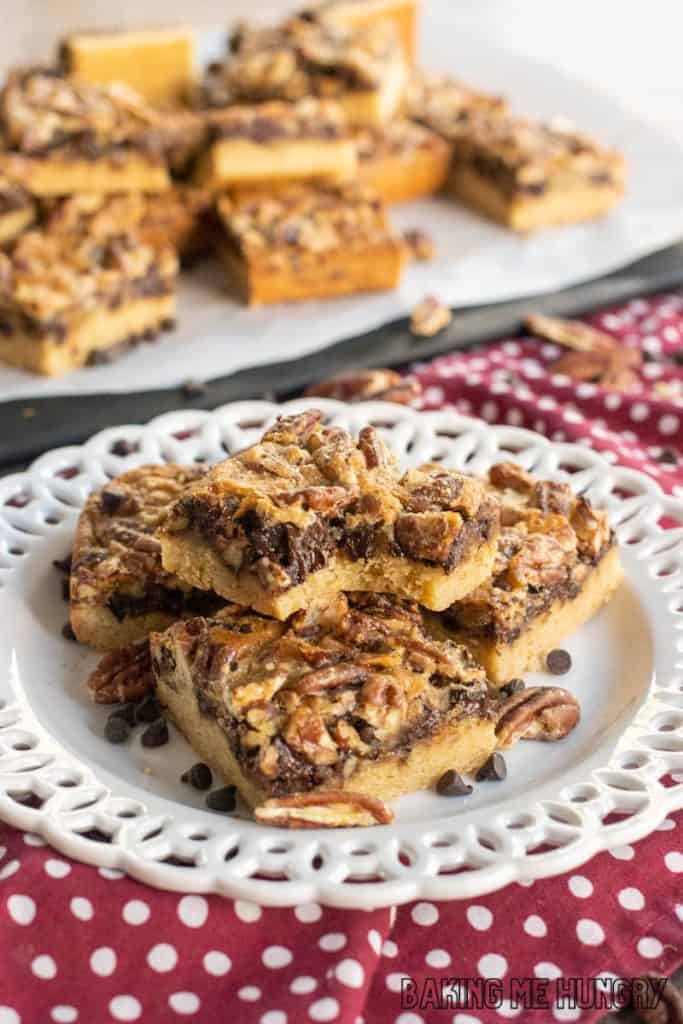 plate with chocolate pecan pie bars recipe