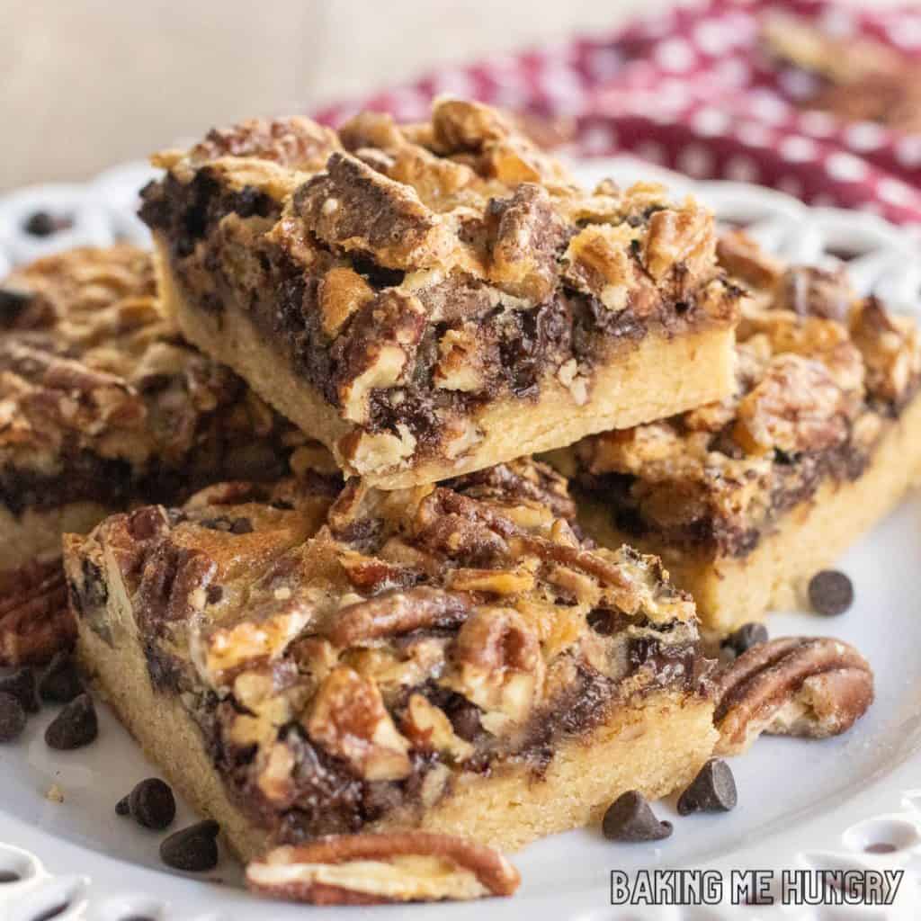 chocolate pecan pie bars on a small plate