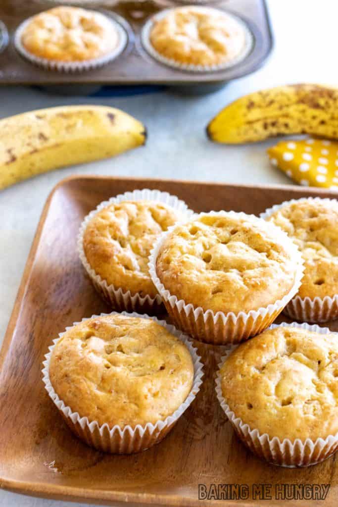 banana cottage cheese muffins on wood plate