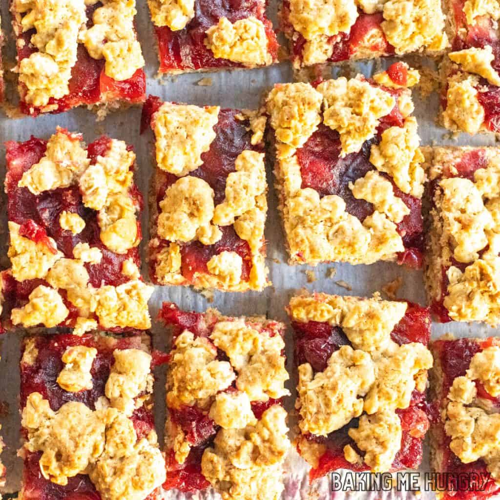cranberry crumble bars cut into squares