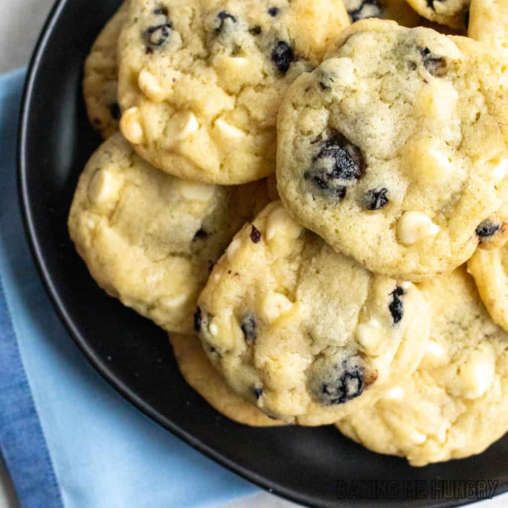 blueberry white chocolate cookies close up on a plate