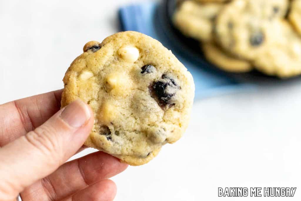 hand holding up one of the blueberry white chocolate cookies