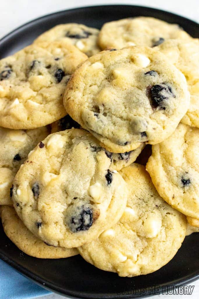 plate of blueberry white chocolate cookies close up