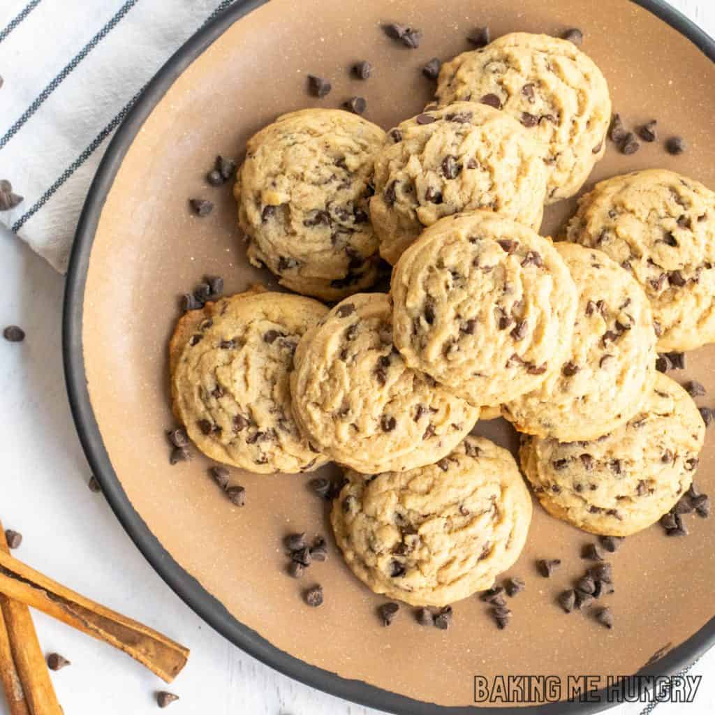 chocolate chip cinnamon cookies on a plate from overhead close up