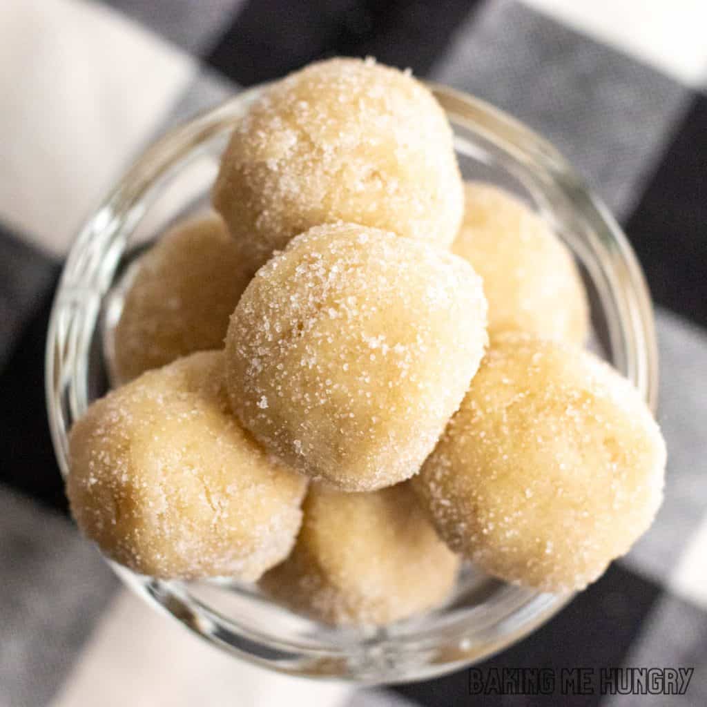 edible sugar cookie dough close up in dish on plaid napkin