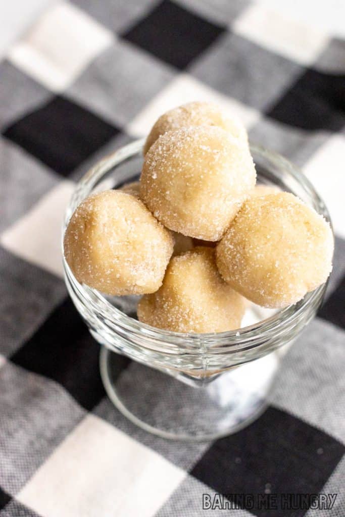 edible sugar cookie dough in pedestal dish on plaid napkin